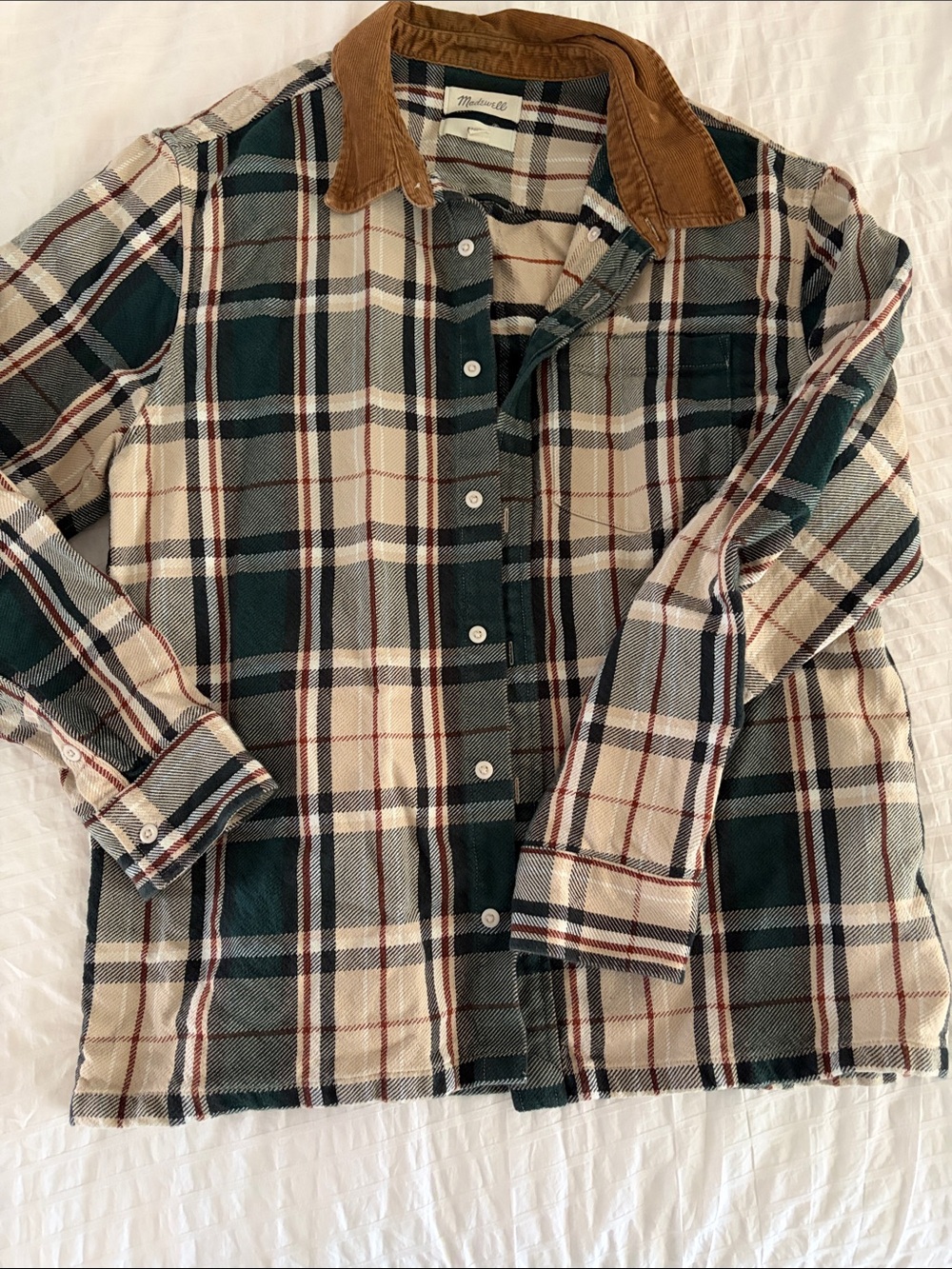 Madewell Green Plaid Flannel Shirt with Brown Corduroy Collar - Picture 2 of 3